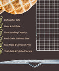 Two Pack Stainless Steel Cooling Rack For Baking 16x10 Inches, visible with features list and bread on top