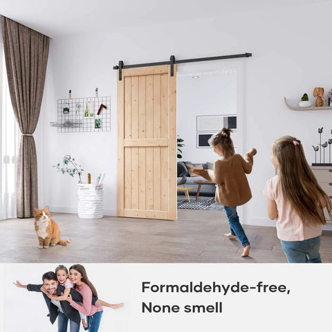 36 By 84 Inches Sliding Barn Door Solid Spruce Panelled Slab With H Frame For Interior Rooms And Storage Closets DIY Assembly And Easy Install Durable Rustic Farmhouse Wood Door Ideal For Small Spaces installed in living room.
