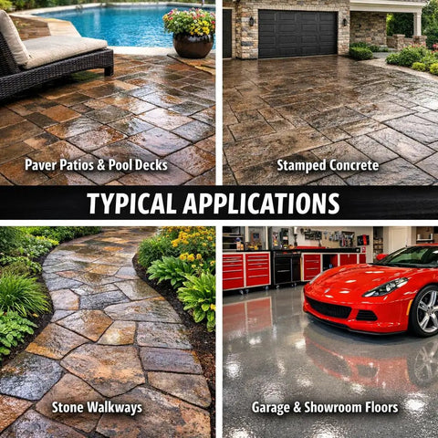 Pro Level Wet Look High Gloss Sealer For Pavers Concrete And Stone Fast Dry Single Component Urethane Acrylic Coating That Actually Slaps With Heavy Duty Car Traffic Endurance And Epic Color Pop Finish on paver patios, stamped concrete, stone walkways, and garage floors.