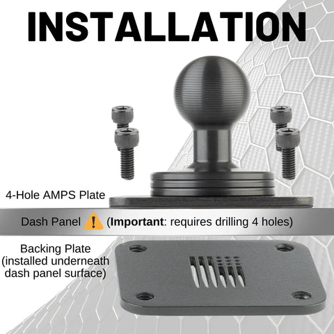 Beefy 4 Hole AMPS Base Mount With 20mm Ball installation guide showing mounting bracket, screws, and metal backing plate.