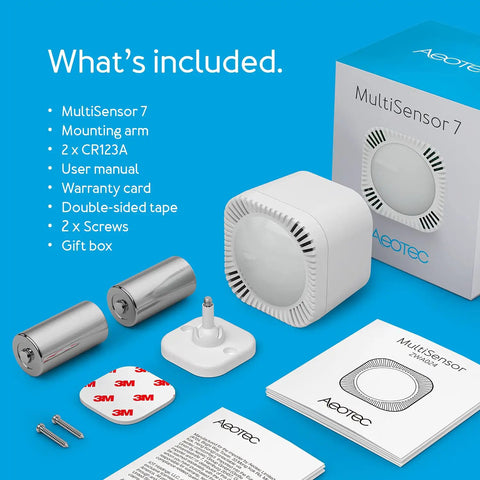 Contents of 6 In 1 Z-Wave Plus Smart Sensor Gen7 With Motion Temperature Humidity Light Lux UV And Vibration, Tiny 1.8 Inch kit
