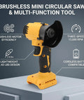 Handheld Brushless 3 Inch Cordless Mini Circular Saw And Angle Grinder With Slick Dual Mode Swap And Adjustable Depth on a light surface.