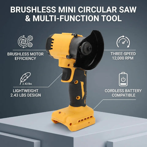 Handheld Brushless 3 Inch Cordless Mini Circular Saw And Angle Grinder With Slick Dual Mode Swap And Adjustable Depth on a light surface.