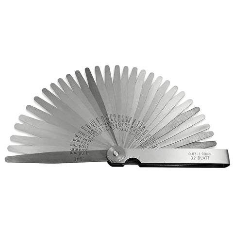 Feeler gauge set, 32 stainless steel blades fanned; metric 0.03-1.00 mm and imperial 0.001-0.040 in