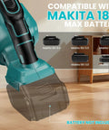 Cordless Handheld Vacuum Cleaner With 500W Motor, compatible with Makita 18V battery, showing battery options, Battery Not Included