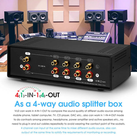 Dual VU Meter Microphone And Line Level Analog Sound Level Indicator, 4 Way Audio Switcher Box For Speaker Amplifier Preamp, Blue Version For Home Studio Setup black RCA 4-in-1-out view