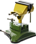 Dope Precision Vise With Integrated Clamp For Milling And Projects, 2-3/4 Inch Capacity, Die-Cast Zinc Green And Gold Finish, Rotates In All Directions, FMZ Style Bench Vise For Hobbyists And Pros, Durable Machining Tool, green and gold vise with suction clamp