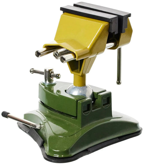 Dope Precision Vise With Integrated Clamp For Milling And Projects, 2-3/4 Inch Capacity, Die-Cast Zinc Green And Gold Finish, Rotates In All Directions, FMZ Style Bench Vise For Hobbyists And Pros, Durable Machining Tool, green and gold vise with suction clamp