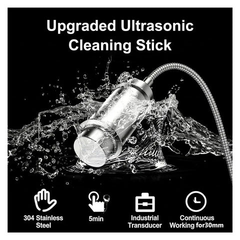 Upgraded Ultrasonic Cleaning Stick in 304 stainless steel with water splash, part of Top Tier Mini Ultrasonic Cleaner With Badass 40 Khz Cleaning Power For Sparkling Jewelry Glasses And Tiny Parts Featuring Slick Plug And Play Setup That Slays Stubborn Grease And Delivers Crisp Results Daily.