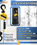 Half Ton Manual Lever Chain Hoist With 1100 Lb Capacity, 10 Ft Lift, G80 Alloy Steel Chain shown with specifications and diagram.