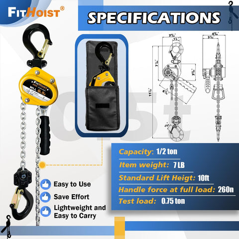 Half Ton Manual Lever Chain Hoist With 1100 Lb Capacity, 10 Ft Lift, G80 Alloy Steel Chain shown with specifications and diagram.