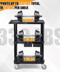 Rock Solid 3 Tier Heavy Duty Rolling Utility Cart Built Different With Hella Tough Polypropylene Shell Rust Resistant Foam Core Mobile Workstation For Garage And Workshop Tool Storage, showing weights on shelves.