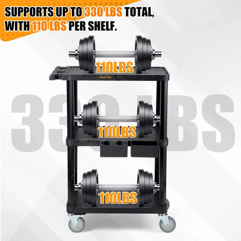 Rock Solid 3 Tier Heavy Duty Rolling Utility Cart Built Different With Hella Tough Polypropylene Shell Rust Resistant Foam Core Mobile Workstation For Garage And Workshop Tool Storage, showing weights on shelves.