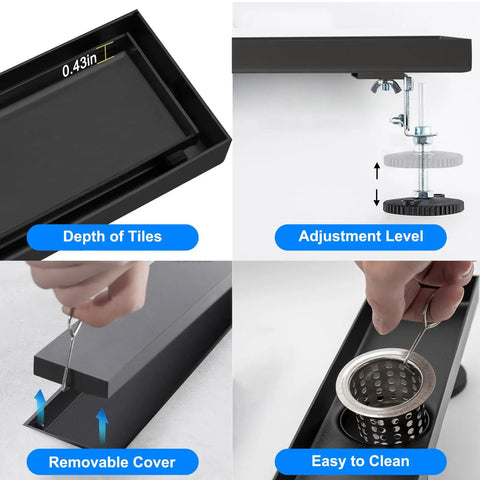 Diagram showing features of the 26 Inch Linear Shower Drain With Removable 2 In 1 Cover Tile Insert Grate Rectangle Shower Floor Drain SUS304 Stainless Steel Matte Black Easy Installation Includes Accessories
