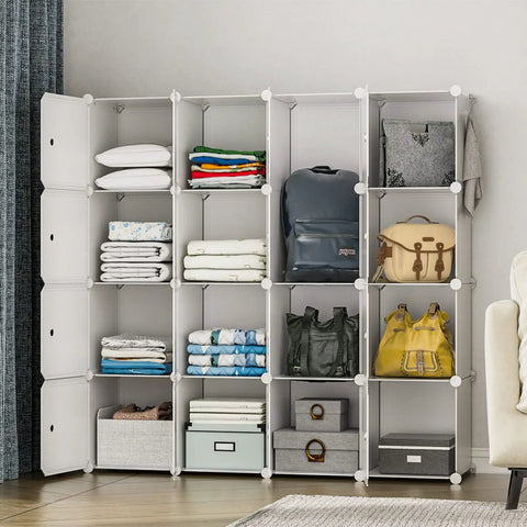Closet Organizer 16 Cube Storage With Doors Portable Wardrobe System For Bedroom And Home White showing clothes and bags
