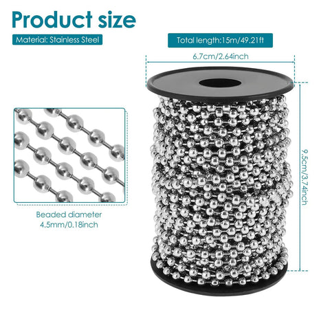 Heavy Duty Stainless Steel Ball Chain 49.2 Ft With 4.5Mm Beads And Spool Rustproof Metal Chain for various uses