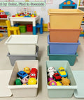 8 Pack Stackable Storage Bins With Lids 5 Quart Plastic Toy And Craft Organizer Boxes Colorful Containers in playroom