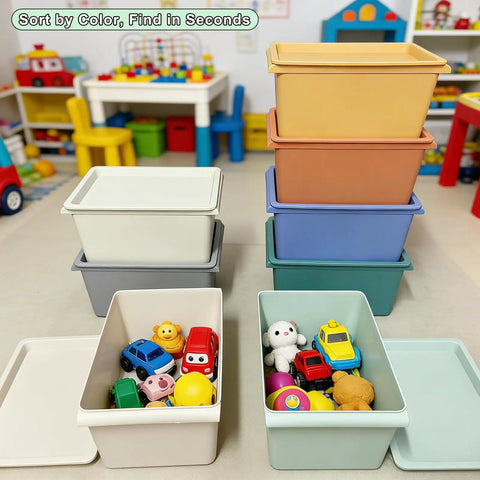 8 Pack Stackable Storage Bins With Lids 5 Quart Plastic Toy And Craft Organizer Boxes Colorful Containers in playroom