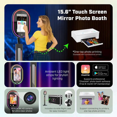 Mirror Photo Booth With Printer And 4K HD Camera, RGB Surround Lighting, Remote App Control, Touch Screen display, easy setup