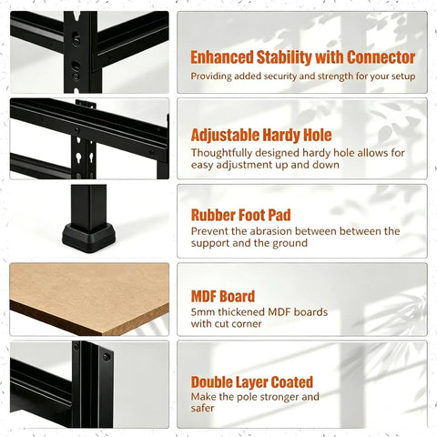 Enhanced features of Rock Solid Five Tier Metal Storage Shelves Seven Foot Tall Garage Shelving, showing adjustable holes and rubber pads.