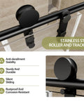 Barn-Style Sliding Shower Door With Exposed Rollers, 8mm Clear Tempered Glass, Matte Black Stainless Steel Hardware, detail of roller and track kit close-up