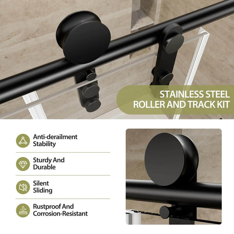 Barn-Style Sliding Shower Door With Exposed Rollers, 8mm Clear Tempered Glass, Matte Black Stainless Steel Hardware, detail of roller and track kit close-up