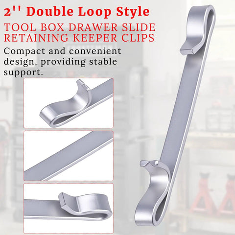 2 inch double loop tool box drawer slide retaining clip detail views, heavy duty steel, durable and easy install for most toolboxes.