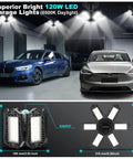 8 Pack Ultra Bright 120W LED Garage Light Bulbs, 12000 Lumens, 6500K Daylight, illuminated garage with cars parked underneath.