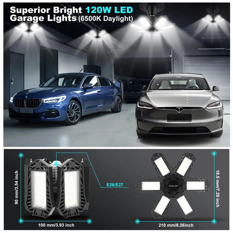 8 Pack Ultra Bright 120W LED Garage Light Bulbs, 12000 Lumens, 6500K Daylight, illuminated garage with cars parked underneath.
