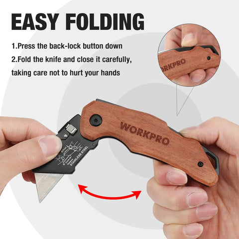 Kickass Folding Utility Knife With Solid Wood Handle And Tight Back Lock Heavy Duty Box Cutter Featuring Quick Change Blade Swap And Extra SK5 Replacement Knives For Any Weekend Grind