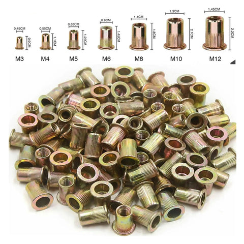 15 Piece Flat Head Rivet Nut Kit M3 To M12 For Metalworking Zinc Plated Carbon Steel Rivnuts Knurled Body Prevents Spin During Install Strong Hold All In One DIY Heavy Duty Fastening Set, M3-M12 sizes