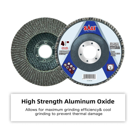 Premium Ten Pack 40 Grit Flap Disc For Angle Grinder 4.5 Inch By 7/8 Arbor Bevel Type 29 Premium Zirconia Grain shown.