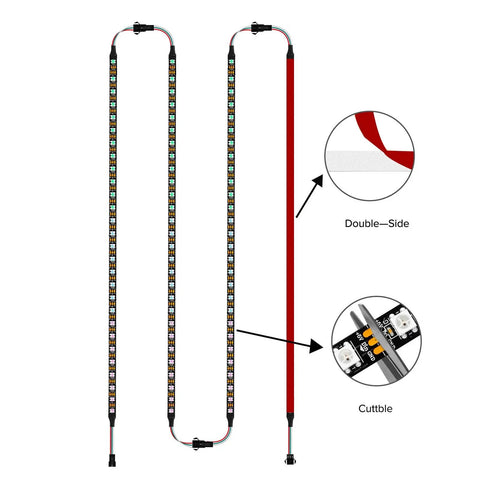 Individually Addressable 4 Pack 19 Inch WS2812B LED Strip for 5V 3 Pin Headers with double-sided tape and cuttable design.