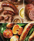 Grilled sausages with mustard, sliced sausages, and sausages with grilled apples on a bed of greens illustrated.