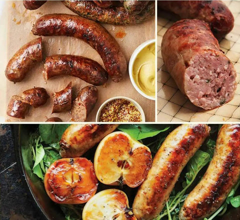 Grilled sausages with mustard, sliced sausages, and sausages with grilled apples on a bed of greens illustrated.