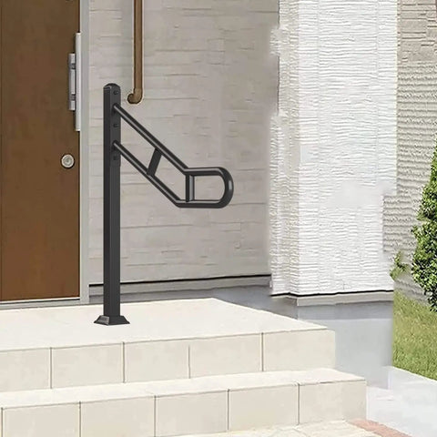 Outdoor Single Post Hand Rail For 1 To 3 Steps, Heavy Duty Wrought Iron Stair Railing With U Shaped Post, Floor Mounted Grab Rail, Anti Skid Crossbars For Garage, 32 Inch Long, 35.8 Inch High