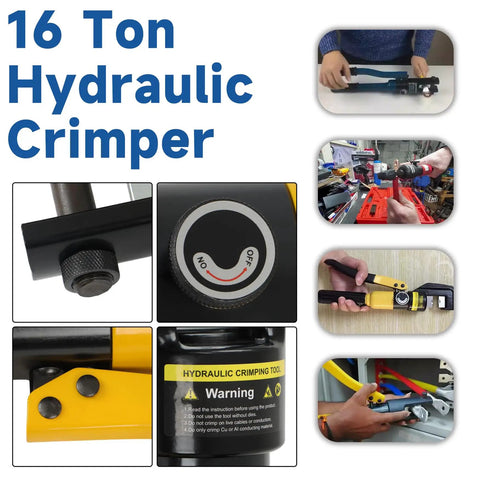 Six images showcasing the 16 Ton Hydraulic Wire Lug Terminal Crimping Tool With 11 Dies YQK 300 for various cable applications.