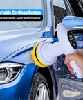 Cordless Car Buffer Polisher Kit With 6 Variable Speeds 2500-6000 RPM, Ultra Lightweight 2 lb DC 12V polishing blue car