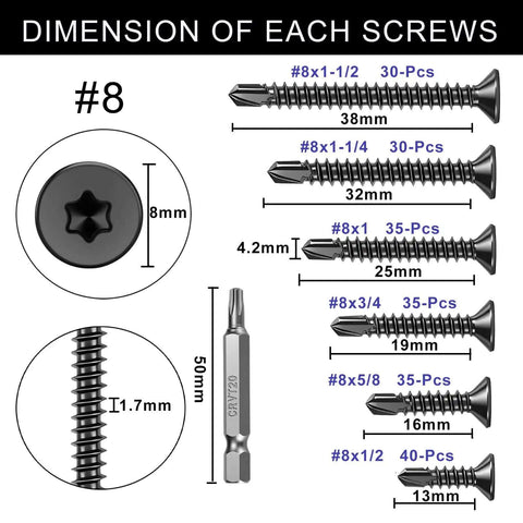 Size chart for Heavy Duty Torx Drive Self-Tapping Screws for Metal With Flat Head 410 Stainless Steel Black Dacromet Coated TEK Screws Set
