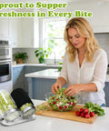 Woman using Complete All In One Sprouting Kit with glass jars, mesh lids, drainage stand, blackout sleeves in kitchen for fresh sprouts