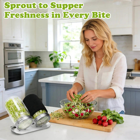 Woman using Complete All In One Sprouting Kit with glass jars, mesh lids, drainage stand, blackout sleeves in kitchen for fresh sprouts