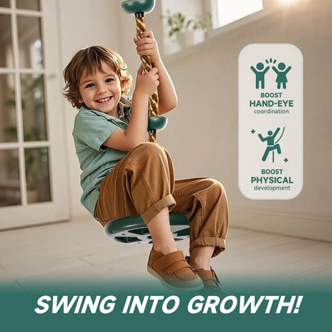 Child enjoying Heavy Duty Kid Friendly Climbing Rope Swing Kit With Platforms And Disc Seat For Tree Or Swing Set Fun Outdoor Gear Built To Last With 220 Pound Capacity Includes Bonus Hanging Strap And Carabiner Easy Install indoors