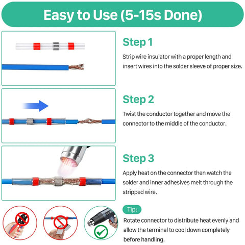 Solder-seal butt connector kit instructional diagram with blue wires, red heat-shrink sleeves, and heat-apply steps.