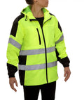 Hi Vis Hooded Windbreaker Safety Jacket With 2 Inch Reflective Tape ANSI Class 2 Compliant Water Resistant Shell Lime High Visibility Gear