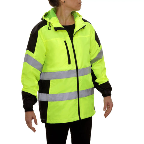 Hi Vis Hooded Windbreaker Safety Jacket With 2 Inch Reflective Tape ANSI Class 2 Compliant Water Resistant Shell Lime High Visibility Gear
