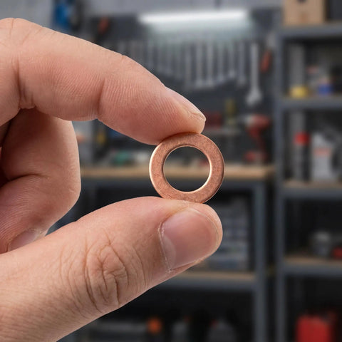 200 Piece Copper Crush Washer Set Metric Assortment With 9 Sizes For Oil Water And Fuel Lines Durable Copper Flat Washers With High Conductivity And Heat Tolerance Seals Tight And Prevents Leaks For DIY Projects. Copper washer held between fingers