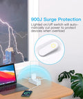 Ultra Flat 10 Ft Extension Cord With Multiple Outlets, Slick Right Angle Plug Power Strip For Home Office Dorm And Behind Furniture, Low Profile Wall Plug Cord Organizer. White surge protector on desk with laptop and phone