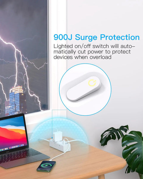 Ultra Flat 10 Ft Extension Cord With Multiple Outlets, Slick Right Angle Plug Power Strip For Home Office Dorm And Behind Furniture, Low Profile Wall Plug Cord Organizer. White surge protector on desk with laptop and phone