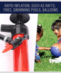 Emergency Siphon Fuel Transfer Pump Kit For Gas Oil And Liquids next to children inflating ball outdoors.
