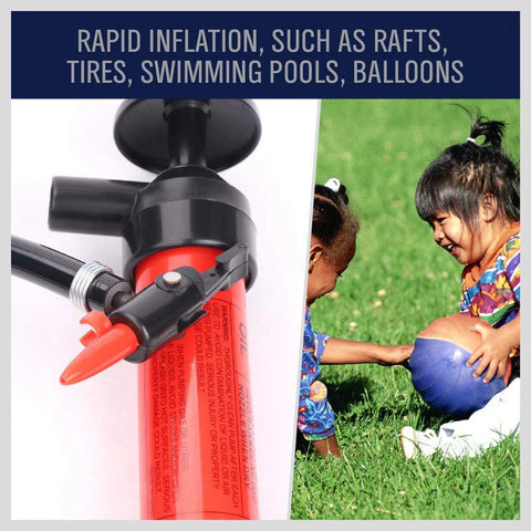 Emergency Siphon Fuel Transfer Pump Kit For Gas Oil And Liquids next to children inflating ball outdoors.